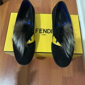 Fendi Black Loafers with Fur and Yellow Accent